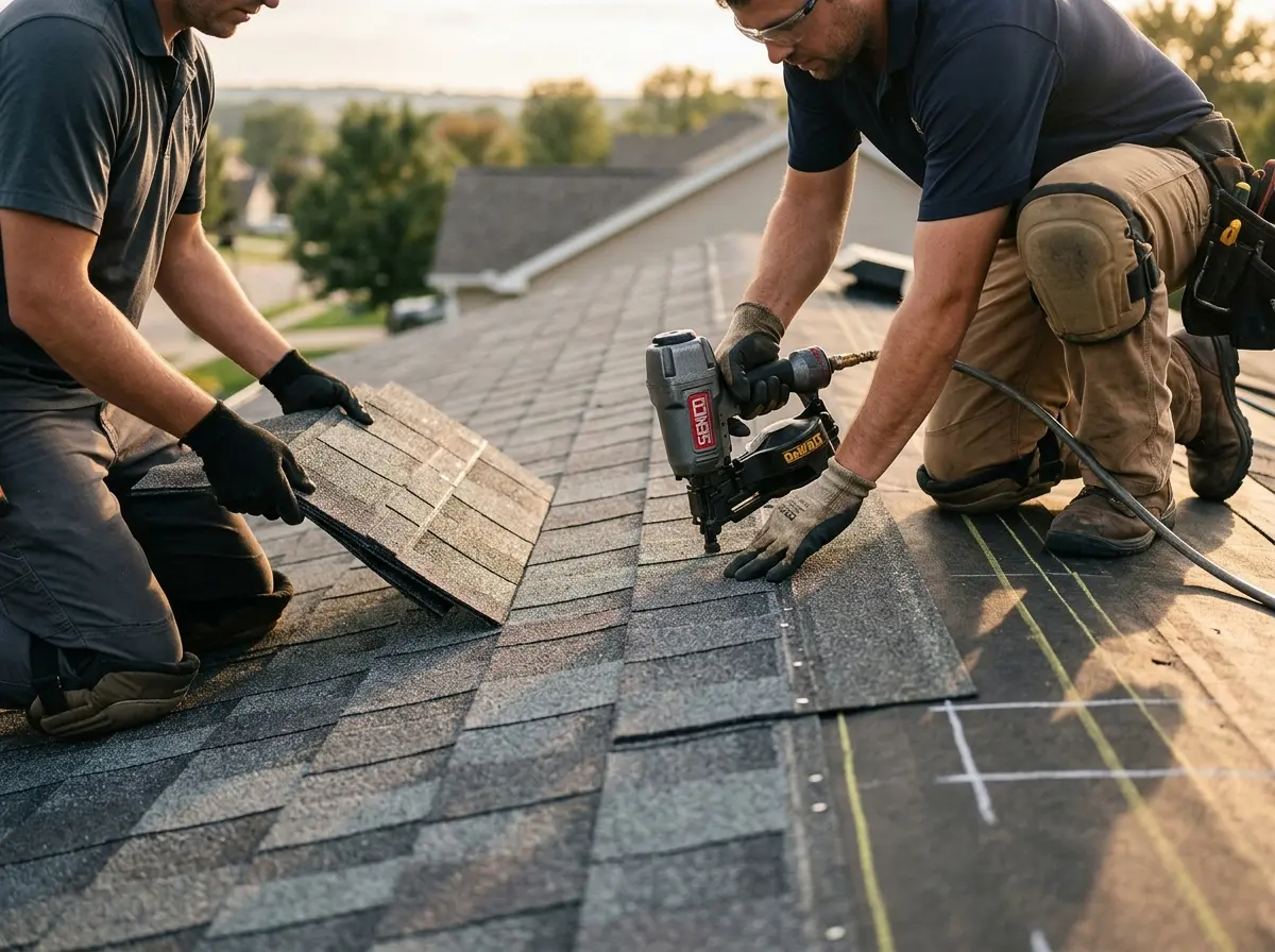 Professional roofer working on a residential roof in Waco